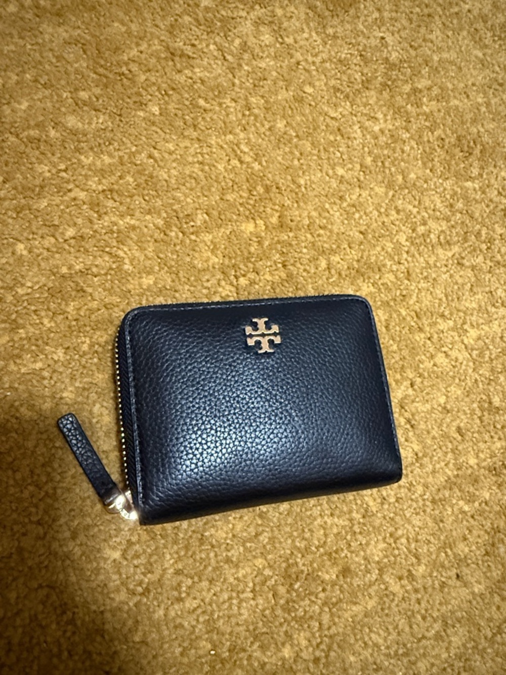 Tory Burch Black Pebbled Leather Zip Card Wallet with Gold Hardware